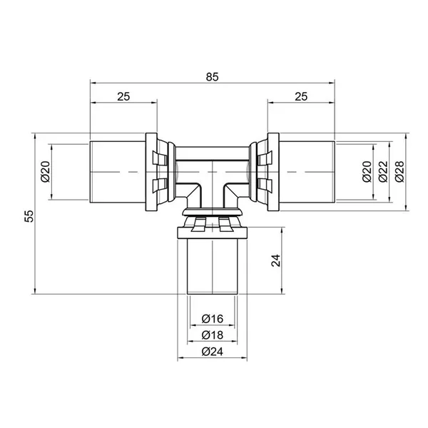 Трійник редукційний Icma №406 латунний пресовий 20×16×20 мм (81406BQGHBQ06)