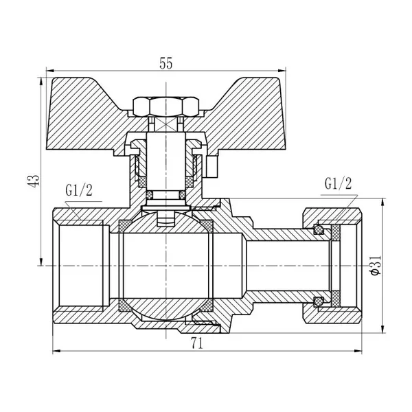 Кран шаровый Thermo Alliance 1/2х Forte латунный никелированный прямой с накидной гайкой и внутренней резьбой 1/2 (SF260W15)