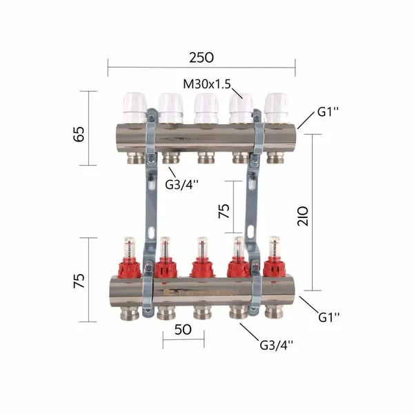 Колектор з витратомірами Thermo Alliance Standart SD235W5 латунний для теплої підлоги на 5 контурів 1 (SD235W5)