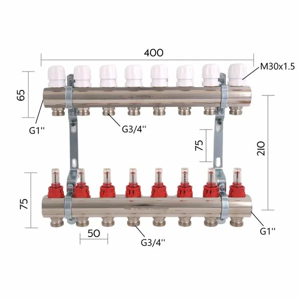 Колектор Thermo Alliance Standart SD235W8 латунний з витратомірами на 8 виходів 1 (SD235W8)