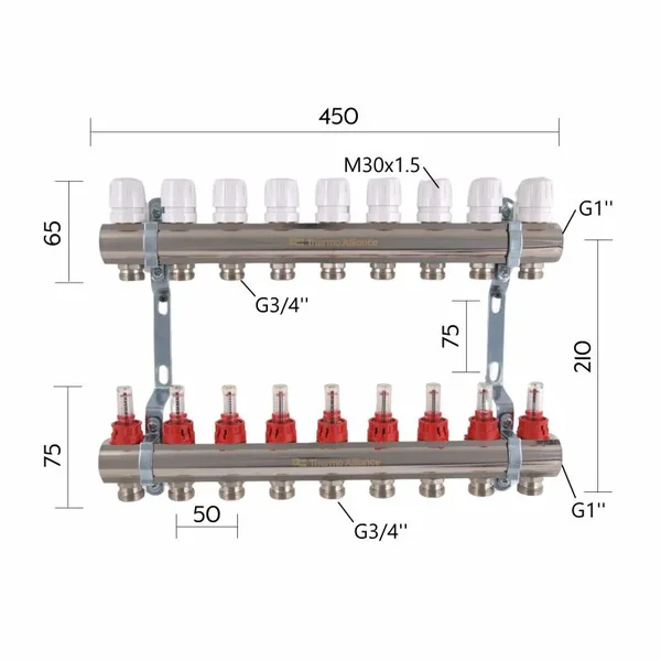 Колектор Thermo Alliance Standart SD235W9 латунний з витратомірами, 1