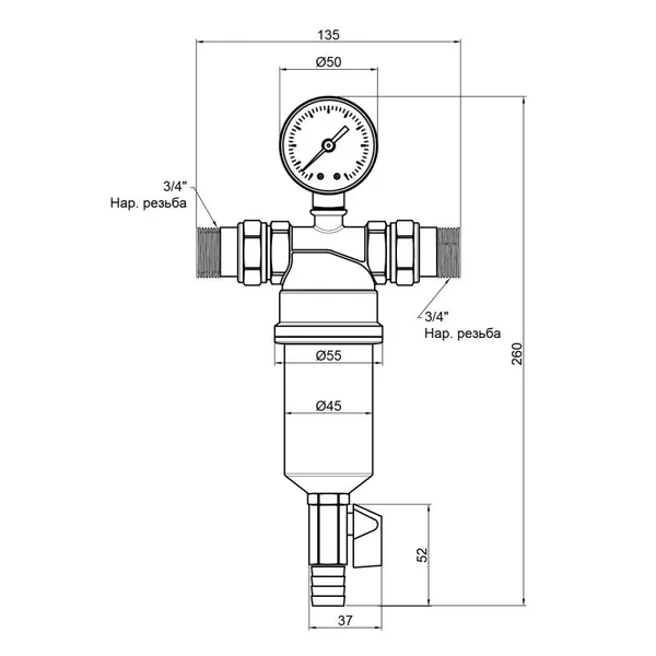 Самопромывной фильтр Thermo Alliance Standart SF127W20 латунный с манометром для тонкой очистки воды 100 мкм 3/4 (SF127W20)