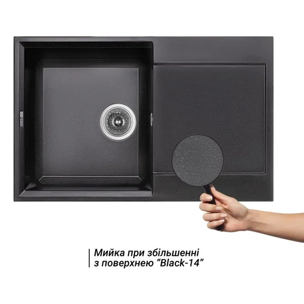 Кухонна мийка Lidz 790×495 мм/230 BLM-14 матова зі штучного каменю, чорний металік, з універсальним крилом (LIDZBLM14790495230)