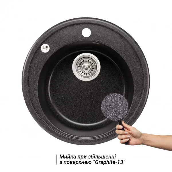 Кухонная мойка врезная круглая Lidz D510/200 GRF-13 из искусственного камня графитовая с сифоном (LIDZGRF13D510200)