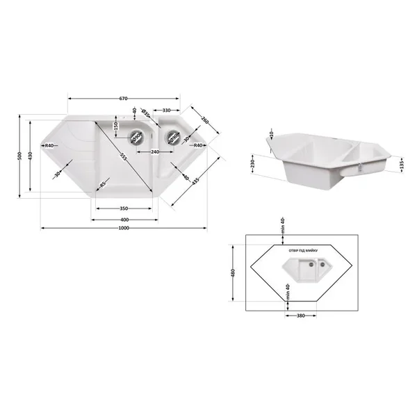 Кухонна мийка Lidz 1000×500 мм/225 WHI-01 зі штучного каменю біла кутова з додатковою чашею (LIDZWHI011000500225)