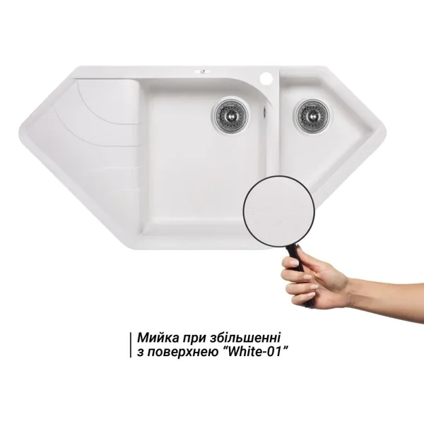 Кухонна мийка Lidz 1000×500 мм/225 WHI-01 зі штучного каменю біла кутова з додатковою чашею (LIDZWHI011000500225)