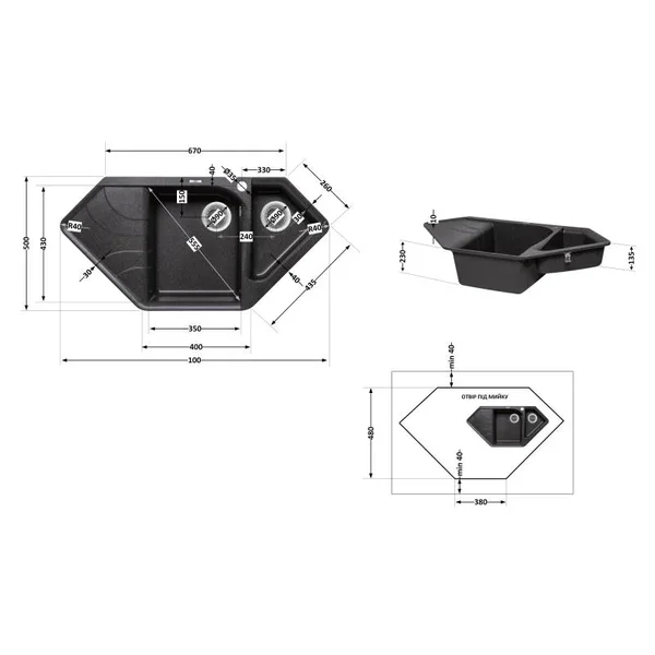 Кухонна мийка з додатковою чашею Lidz 1000x500/225 GRF-13 (LIDZGRF131000500225)