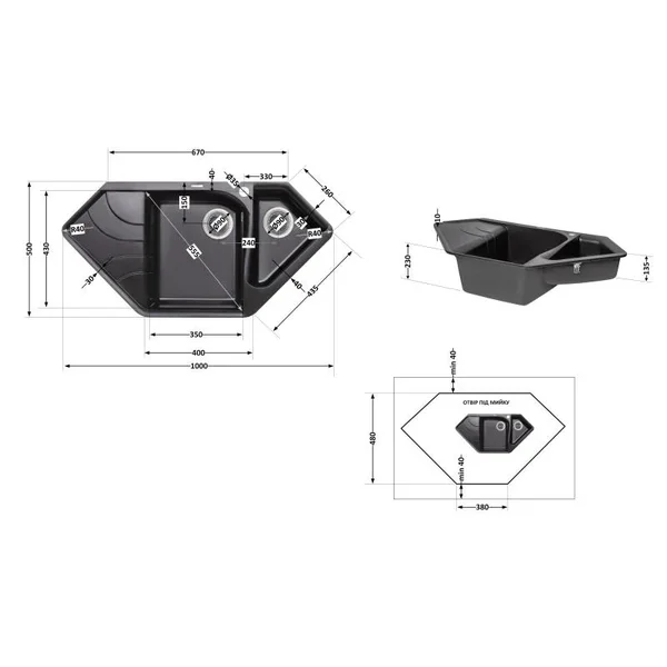 Кухонна мийка Lidz BLM-14 1000×500 мм зі штучного каменю чорний металік з додатковою чашею та лівим крилом (LIDZBLM141000500225)