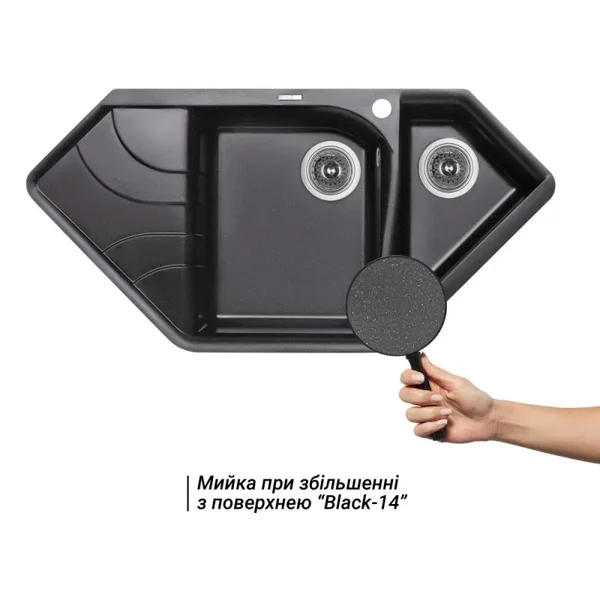 Кухонна мийка Lidz BLM-14 1000×500 мм зі штучного каменю чорний металік з додатковою чашею та лівим крилом (LIDZBLM141000500225)
