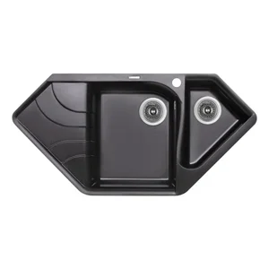 Кухонна мийка Lidz BLM-14 1000×500 мм зі штучного каменю чорний металік з додатковою чашею та лівим крилом (LIDZBLM141000500225)