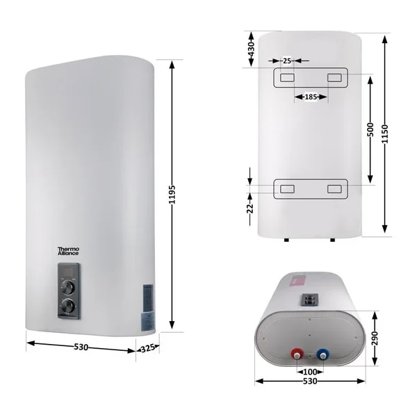 Водонагреватель электрический Thermo Alliance 100 л плоский вертикальный, сухой ТЭН 2 кВт (0,8+1,2) DT100V20G(PD)-D/2