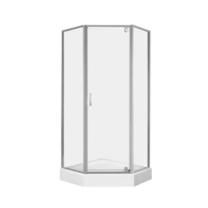Пятиугольная душевая кабина Qtap Leo CRM10995-AC6 хромированная с прозрачным стеклом, распашная 90×90 мм см в комплекте с низким поддоном и сифоном (LEOCRM10995AC6SET)