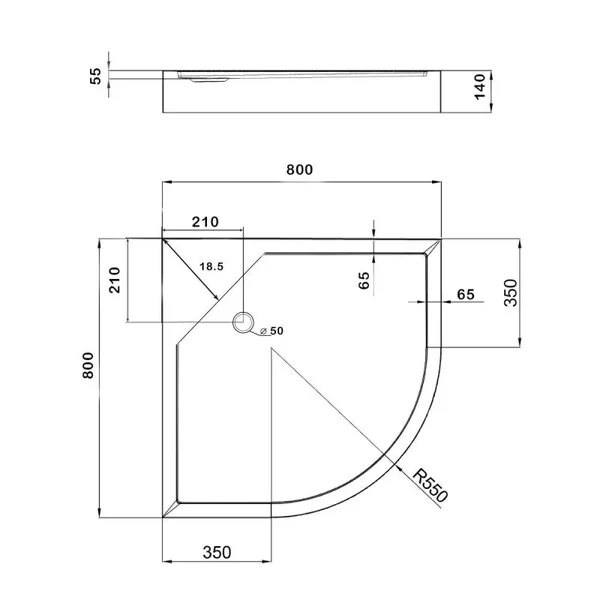 Душовий піддон Lidz KAPIELKA ST80×80×14 мм акриловий білий, низький, напівкруглий, зі зливом 52 мм (LKAST808014R)