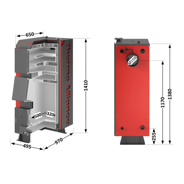 Твердотопливный котел Thermo Alliance Vulcan V 4.0 SF 18 стальной четырехходовой (VSF18V40)