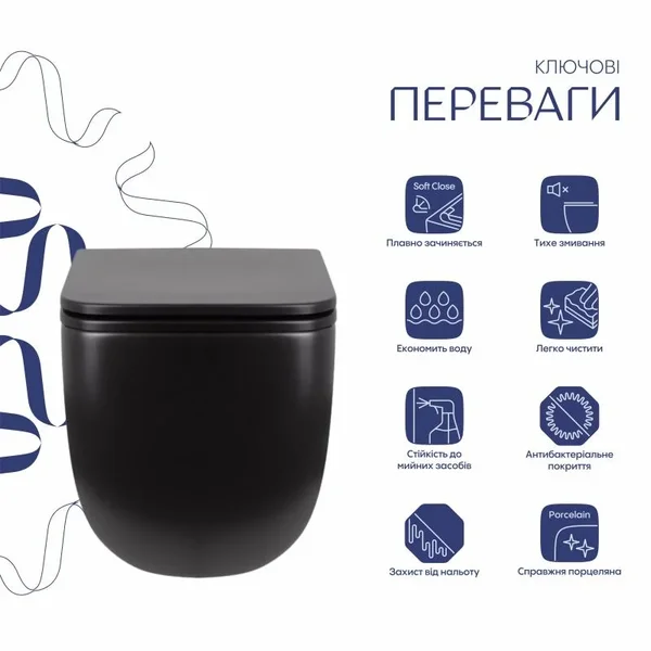 Унітаз підвісний Qtap Gemini QT2533076EUQMB керамічний чорний матовий безобідковий з сидінням Soft-close (QT2533076EUQMB)