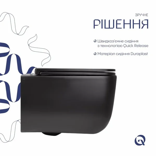 Унітаз підвісний Qtap Gemini QT2533076EUQMB керамічний чорний матовий безобідковий з сидінням Soft-close (QT2533076EUQMB)