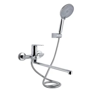 Смеситель для ванны Qtap Leo New QTLEO2601CRM45562 латунный хромированный с длинным поворотным изливом и душевым гарнитуром (QTLEO2601CRM45562)