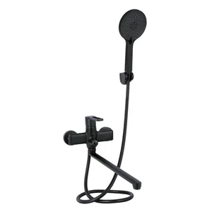 Смеситель для ванны Qtap Taurus QTTAU260BLM45664 черный матовый с длинным поворотным изливом и душевым гарнитуром (QTTAU260BLM45664)