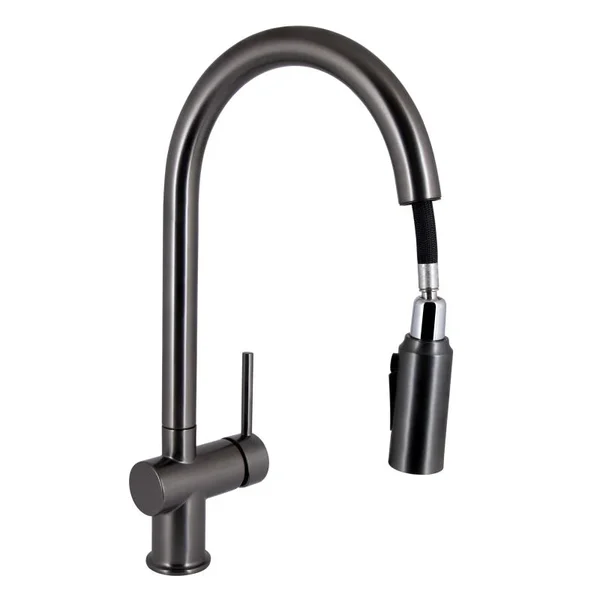 Смеситель для кухни Qtap Rozcesti QTROZ366GMB45939 латунный gunmetal black с выдвижным изливом и краном для питьевой воды (QTROZ366GMB45939)