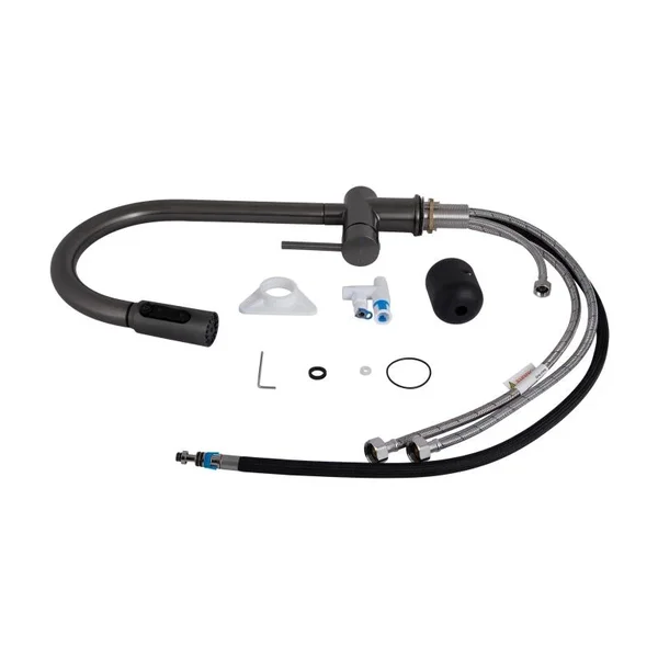 Смеситель для кухни Qtap Rozcesti QTROZ366GMB45939 латунный gunmetal black с выдвижным изливом и краном для питьевой воды (QTROZ366GMB45939)