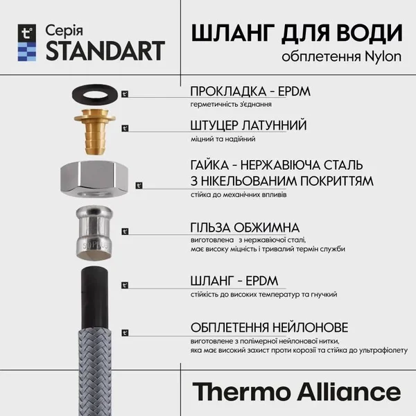 Гнучка підводка для змішувача Thermo Alliance M10x1/2В Standart нейлонова 50 см M10x1/2