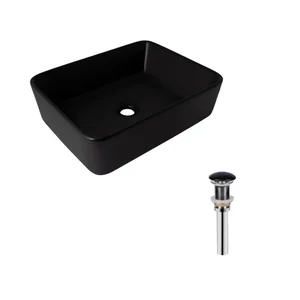 Комплект Qtap Tern: Раковина накладная прямоугольная 480х370х135 мм Matt Black + Донный клапан PU03