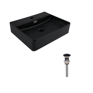 Комплект Qtap Nando LT: Раковина подвесная прямоугольная 500х420х130 мм Matt Black + Донный клапан PU03O