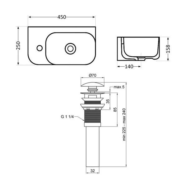 Комплект Qtap Tern: Раковина подвесная прямоугольная левая 450х250х158 мм White + Донный клапан PU02O