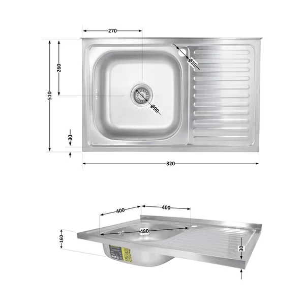 Кухонная мойка Brinex 5080-L накладная из нержавеющей стали satin 0, 6 мм с правым крылом (BRIN5080LSAT06)