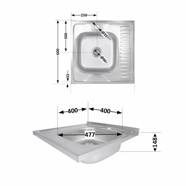 Кухонная мойка Brinex 6060-R из нержавеющей стали 0.6 мм, сатиновая, накладная с левым крылом (BRIN6060RSAT06)