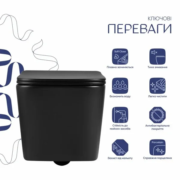 Унитаз подвесной Qtap Crow Ultra Quiet 485×340×290 мм, Matt Black, с сиденьем Slim Duroplast/ Soft-close/ Quick Release QT05335171MB