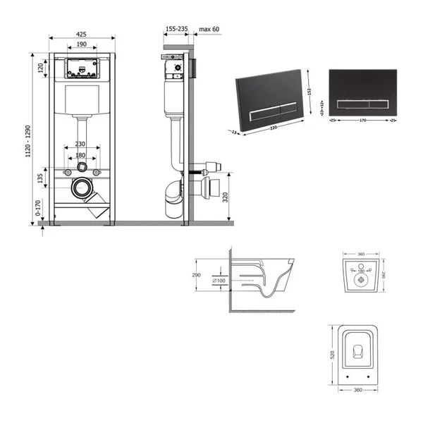 Готове рішення Qtap для ванної кімнати: підвісний унітаз Crow Ultra Quiet 520x360x290 + комплект інсталяції Nest 4 в 1 (лінійна клавіша Matt Black)