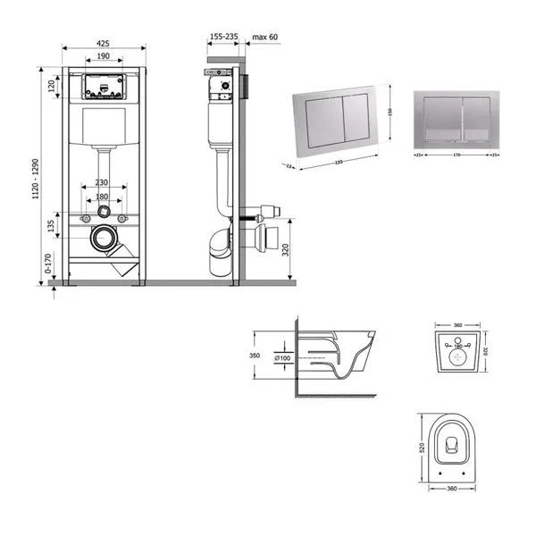 Готове рішення Qtap для ванної кімнати: підвісний унітаз Swan Ultra Quiet 520x360x320 + комплект інсталяції Nest 4 в 1 (квадратна клавіша Satin)