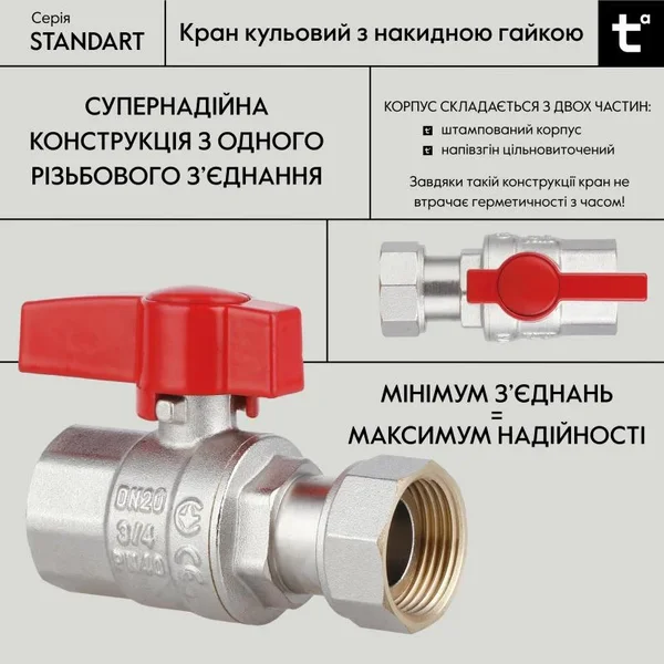 Кран шаровый Thermo Alliance PN40з Standart латунный прямой 3/4