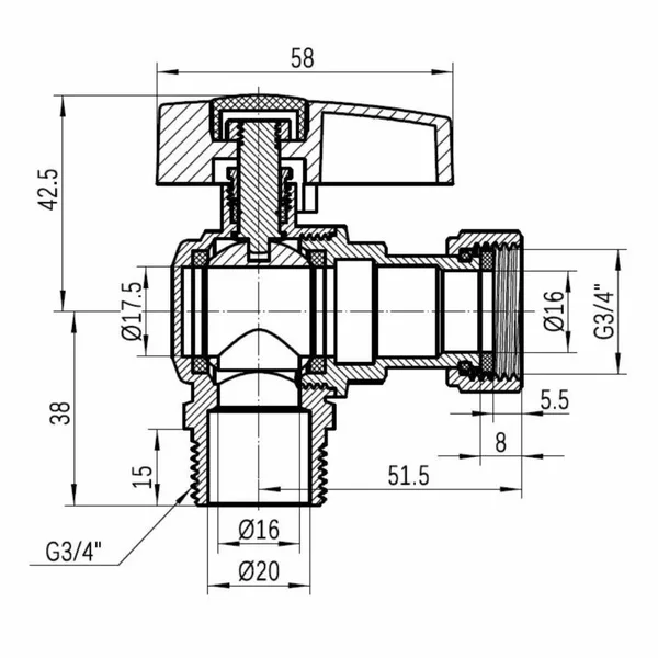 Кран шаровый Thermo Alliance Standart PN40 латунный угловой 3/4