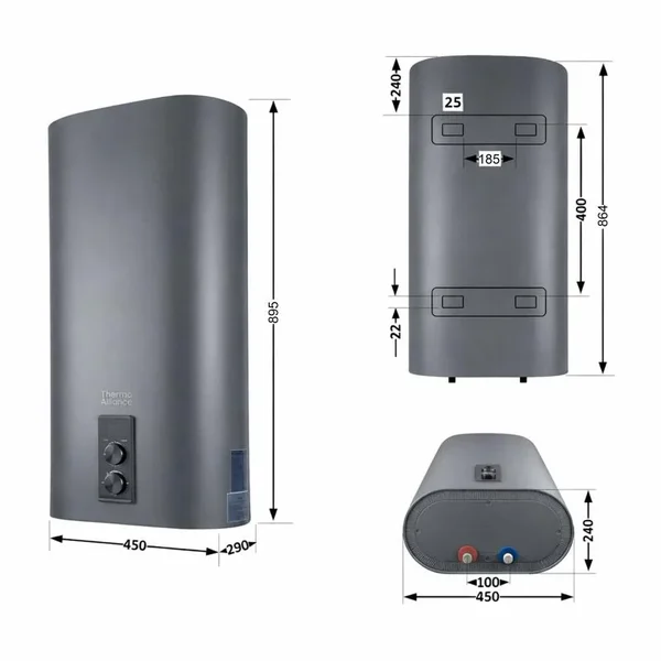 Водонагреватель электрический Thermo Alliance 50 л, Grey, плоский вертикальный, сухой ТЭН 2 кВт (0,8+1,2) DT50V20GPDD2G