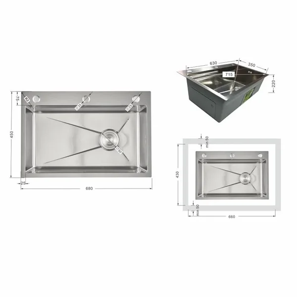 Мойка для кухни интегрированная Lidz Handmade H6845 Brushed Steel 3,0/1,0 мм LDH6845BRU49455