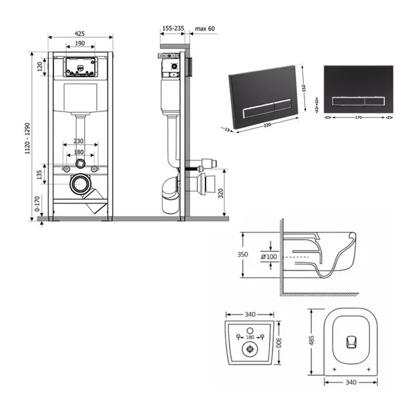 Готовое решение Qtap для ванной комнаты: подвесной унитаз Gemini Ultra Quiet 485×340×350+ комплект инсталляции Nest 4в1 (линейная клавиша Matt Black)