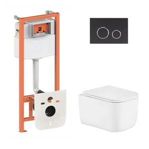 Комплект инсталляции с унитазом 4 в 1 Qtap Nest / Gemini Ultra Quiet с черной матовой клавишей, безободковый (QTTAU26W4911949884)