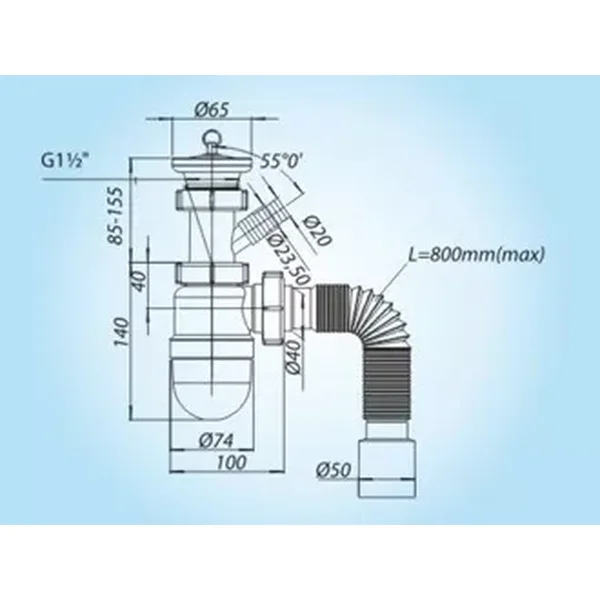 К0110 кухня 1 1/2*40, різьб. нерж.випуск, пралка, пробка, гофротруба 40*40/50 {25}