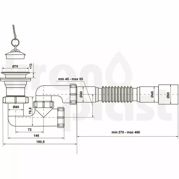 Сифон для ванни Kronoplast П-0555 1 1/2″, з ревізією та гнучкою трубкою Ø40 x 40/50 (SR14000033)