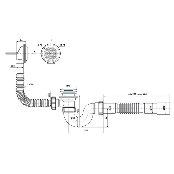 Сифон для ванни прямоточний Kronoplast В-1050 К 40/50 Сlick-Сlack з переливом (SV27200133)