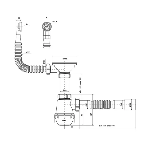 Сифон для мийки KRONO PLAST М-1055-Е з переливом Ø40×40 мм/50 (1035136)