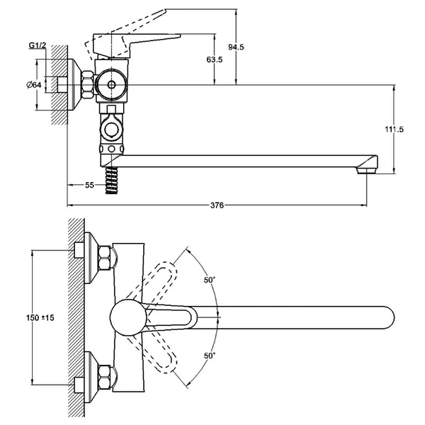 Змішувач для ванни WEZER PUD6-B045, хром
