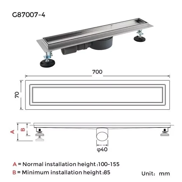 Лінійний трап під плитку GAPPO G87007-4, 70х700 мм, нержавіюча сталь