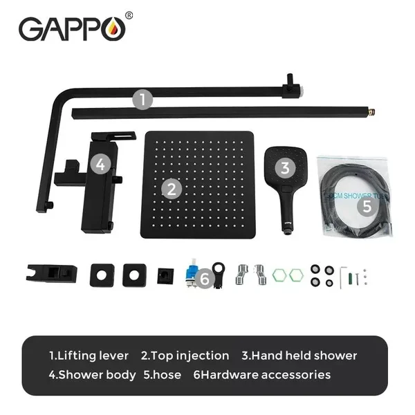 Душова система GAPPO G2417-6, вилив - перемикач на лійку, чорний