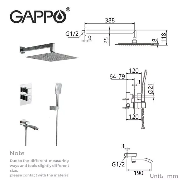Вбудована душова система GAPPO G7107-40, вилив - перемикач на лійку, 3-функції, хром