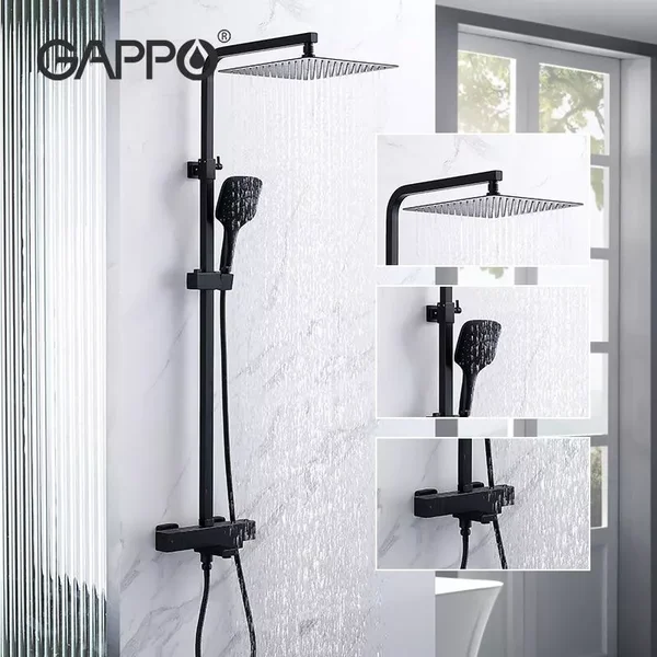 Душова система GAPPO G2417-60 термостат, вилив - перемикач на лійку, чорний