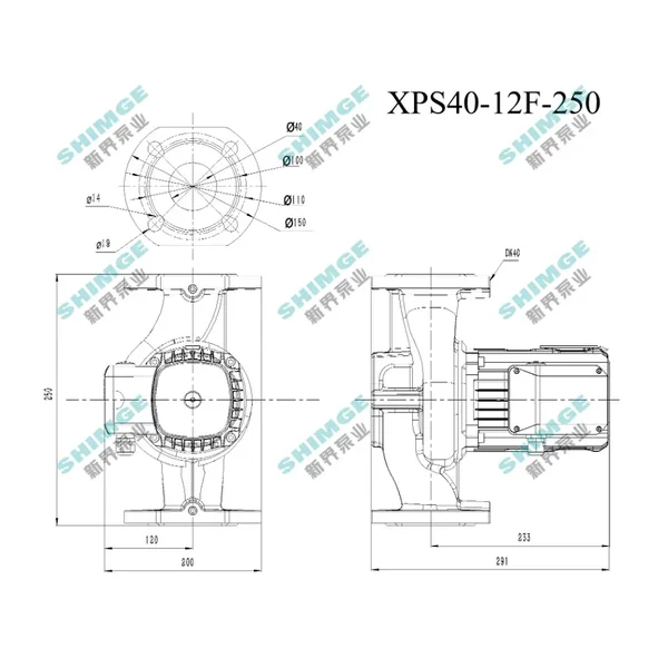 XPS40-12F-250 SHIMGE 380В  цирк. мок. ротор 0,7 кВт Hmax 13м Qmax 215л/хв DN40 250мм + фл. {1}