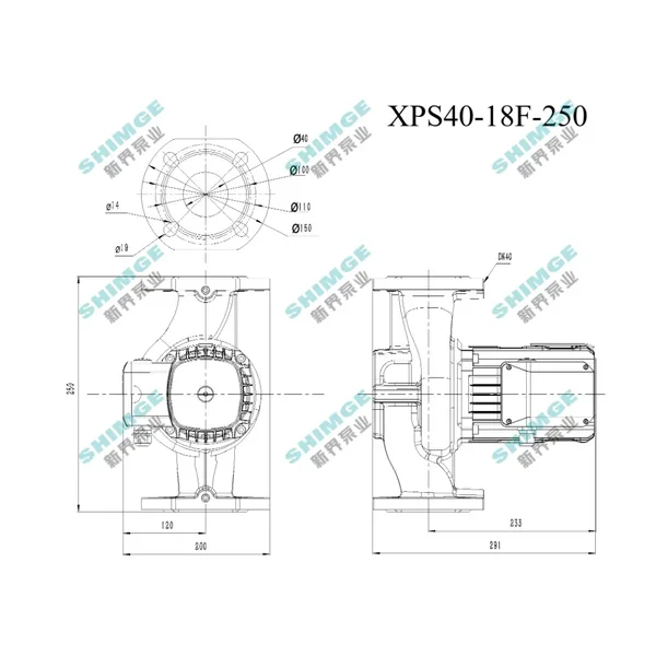 XPS40-18F-250 SHIMGE 380В  цирк. мок. ротор 1,3 кВт Hmax 20,5м Qmax 265л/хв DN40 250мм+фл. {1}